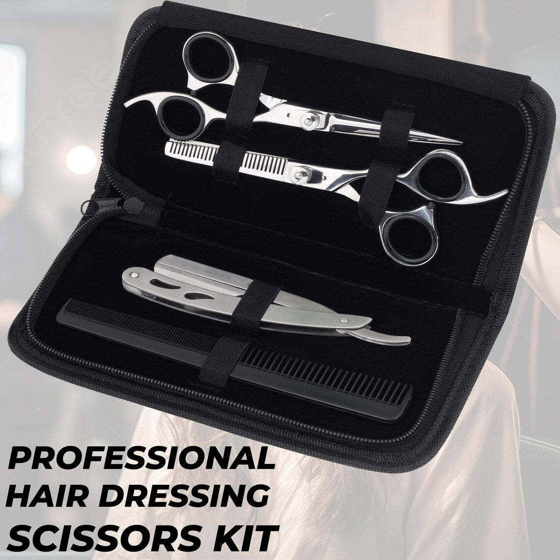 The Barber Kit – Chrome Stainless Steel Scissors, Straight Razor and Comb Set