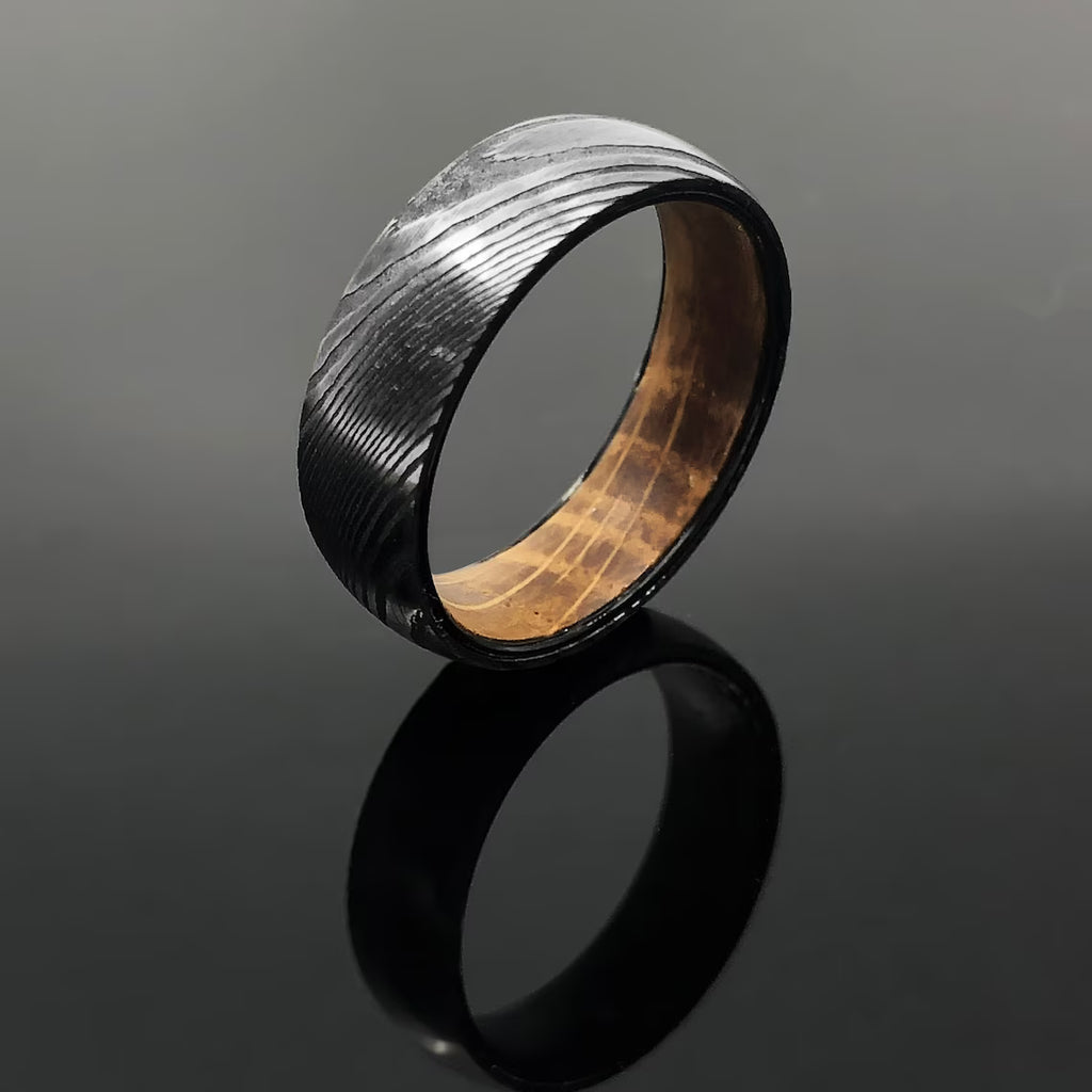 THE KING: Whiskey Barrel & Damascus Steel Wedding Ring Band