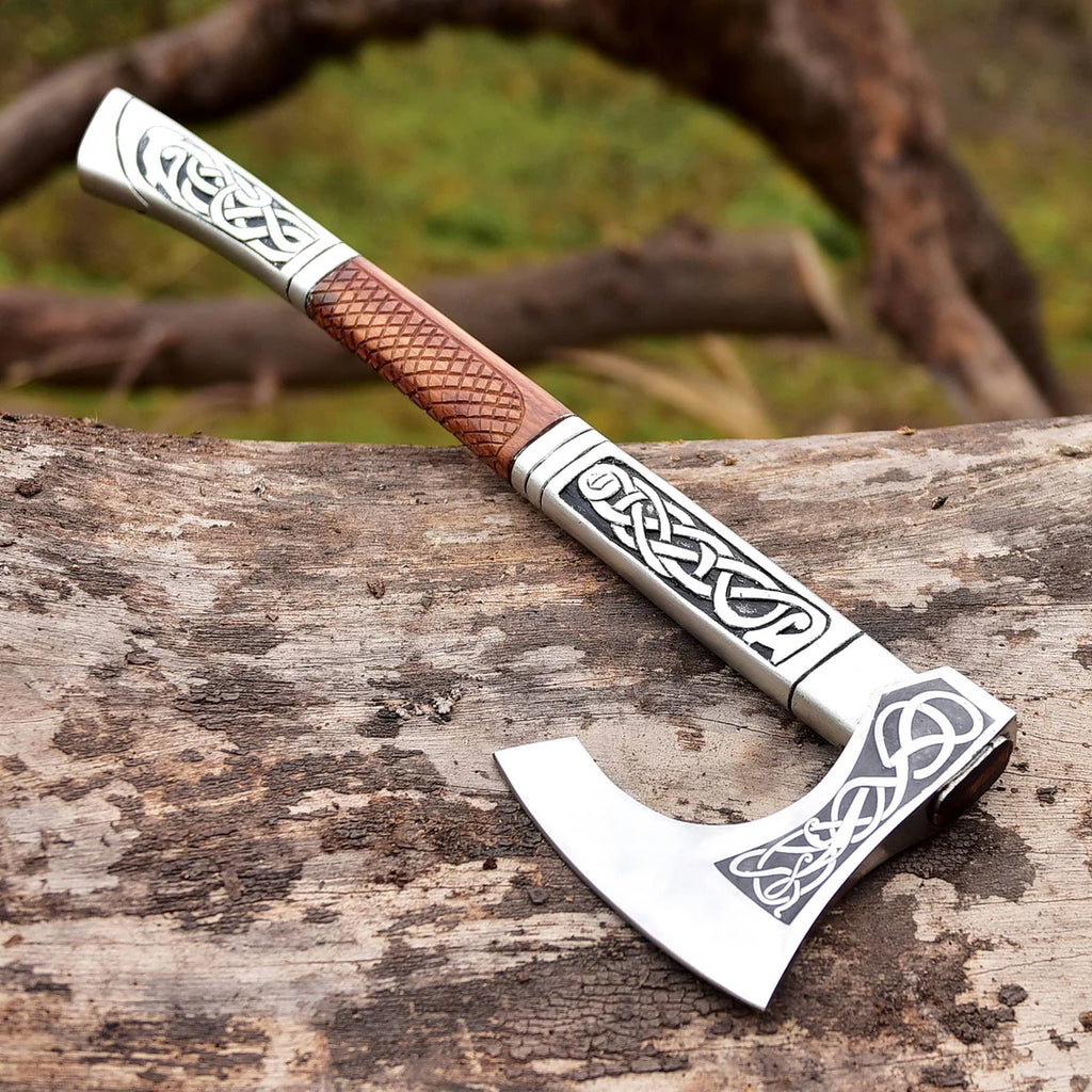 Handmade Damascus AXE with leather sheath, Engraved Axe