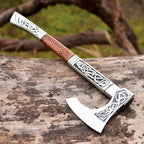 Handmade Damascus AXE with leather sheath, Engraved Axe
