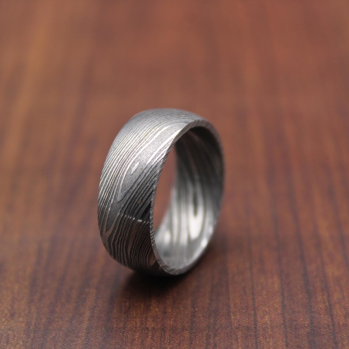 Simple Damascus Steel Ring with Deep Pattern 6mm Domed Shape Ring Band