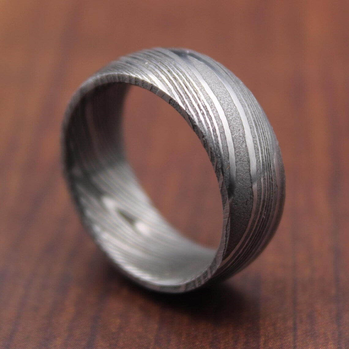 Simple Damascus Steel Ring with Deep Pattern 6mm Domed Shape Ring Band