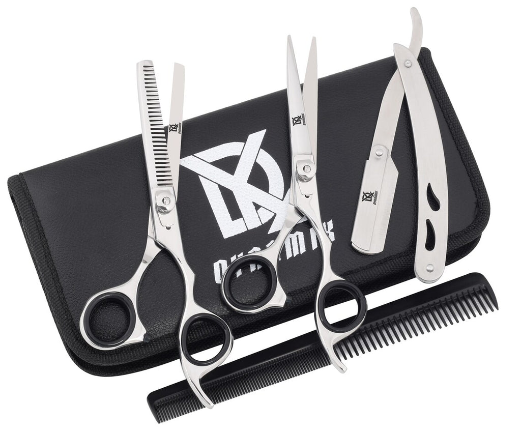 The Barber Kit – Chrome Stainless Steel Scissors, Straight Razor and Comb Set