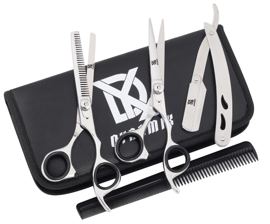 The Barber Kit – Chrome Stainless Steel Scissors, Straight Razor and Comb Set