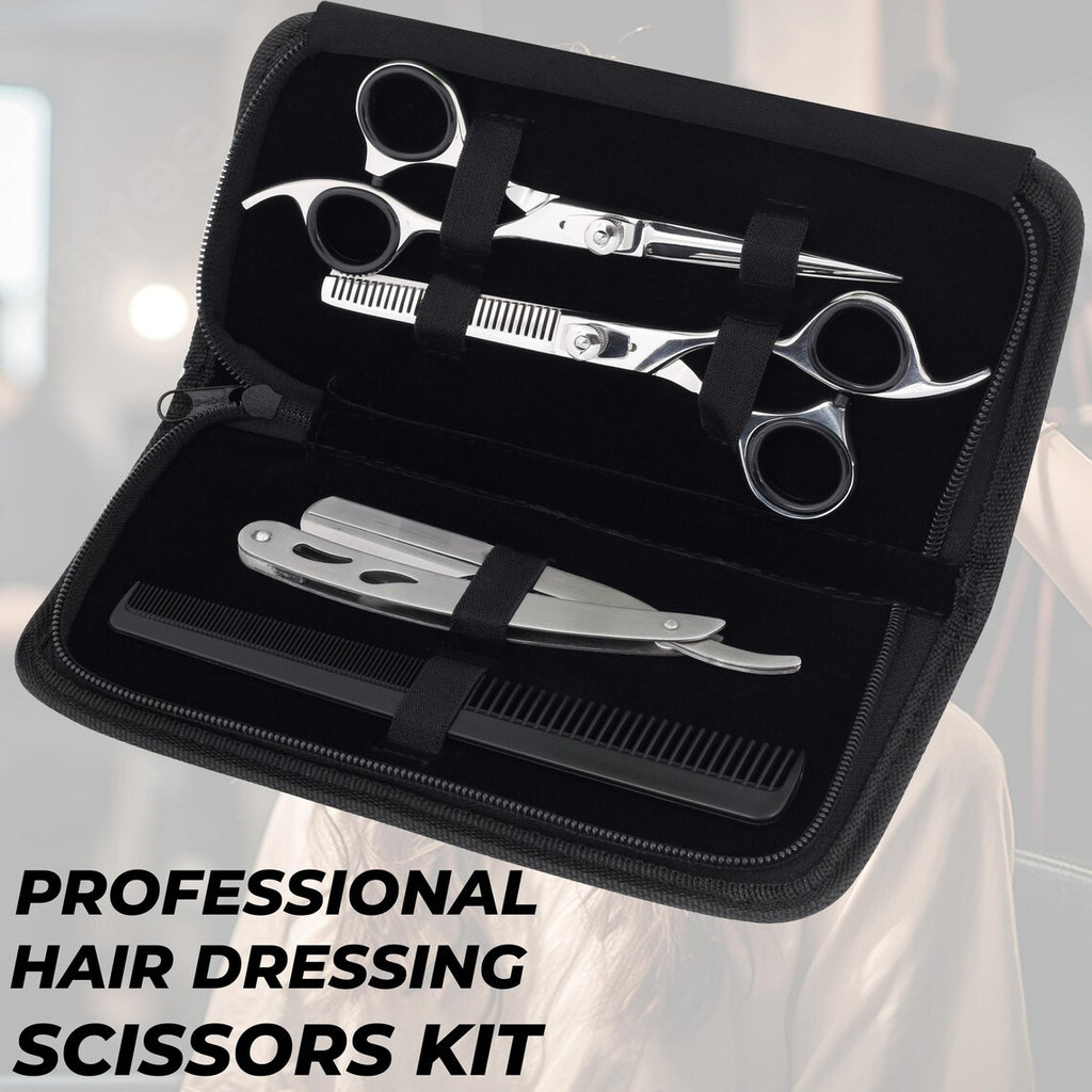 The Barber Kit – Chrome Stainless Steel Scissors, Straight Razor and Comb Set