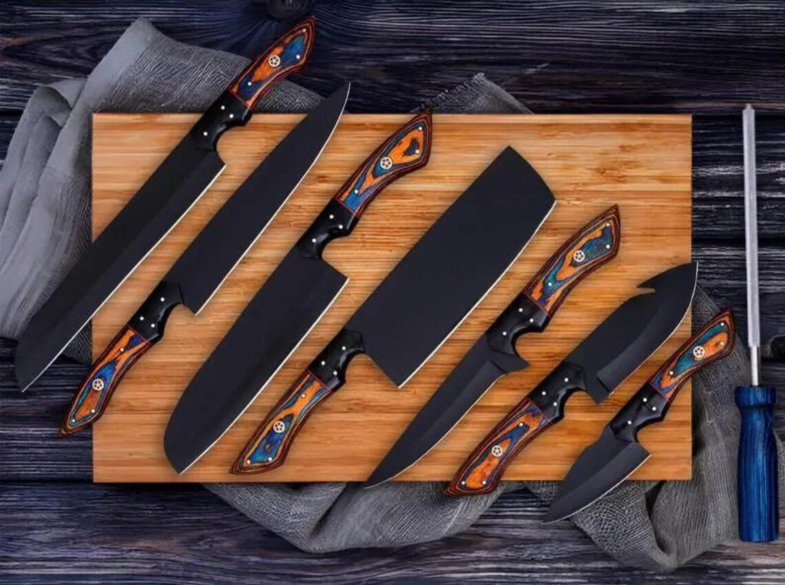 7 Pcs Damascus Steel BBQ Chef Set with Steel rod