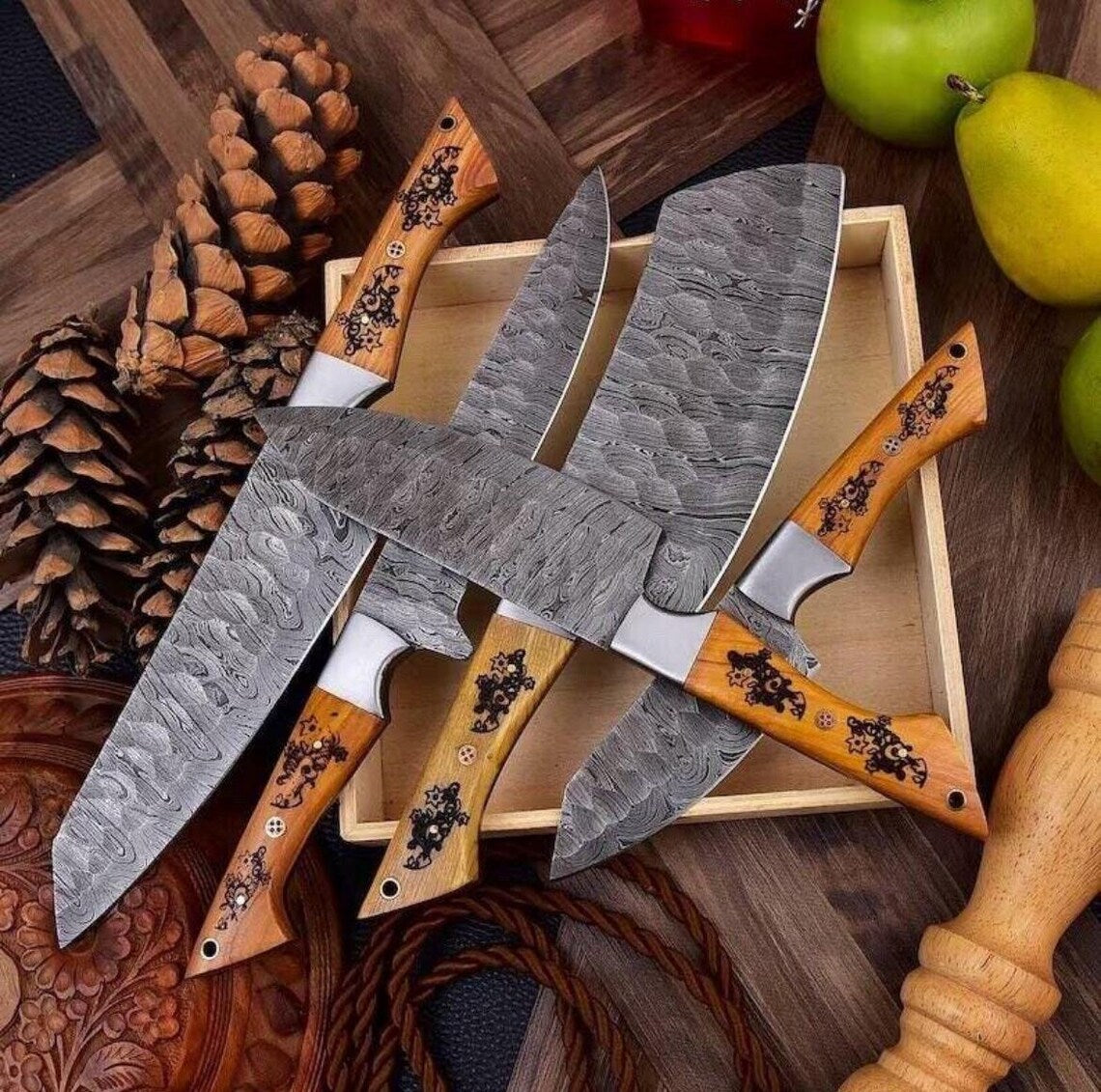 Hand-Forged Kitchen Damascus Chef Set