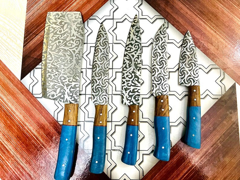 Hand Forged Damascus Steel Chef Knife Set, Kitchen Knives