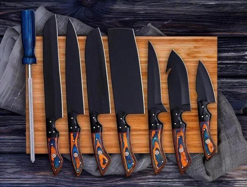 7 Pcs Damascus Steel BBQ Chef Set with Steel rod