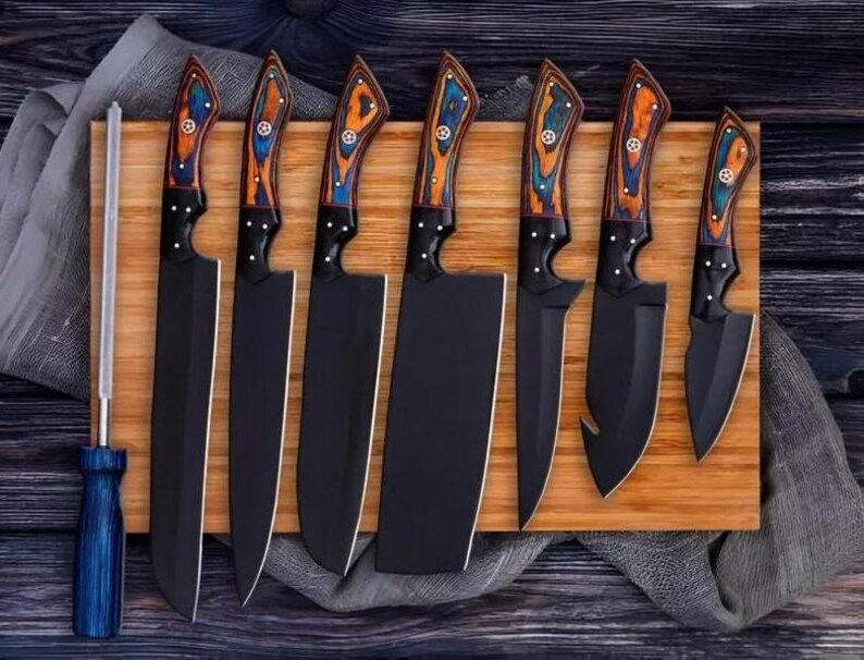 7 Pcs Damascus Steel BBQ Chef Set with Steel rod